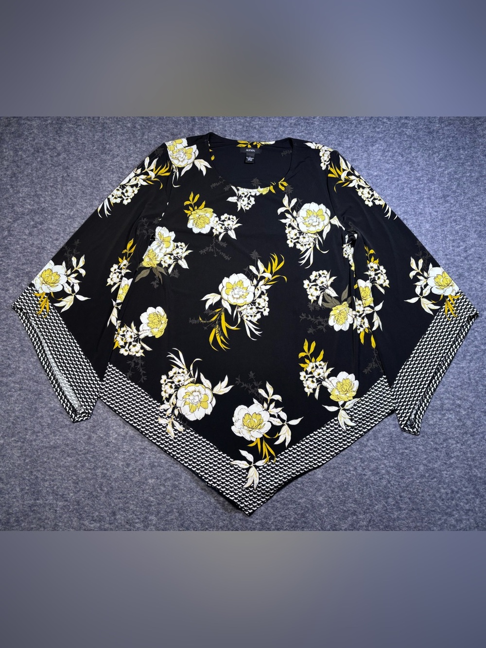 Alfani Black Floral Handkerchief Hem Top with Yellow & White Blooms